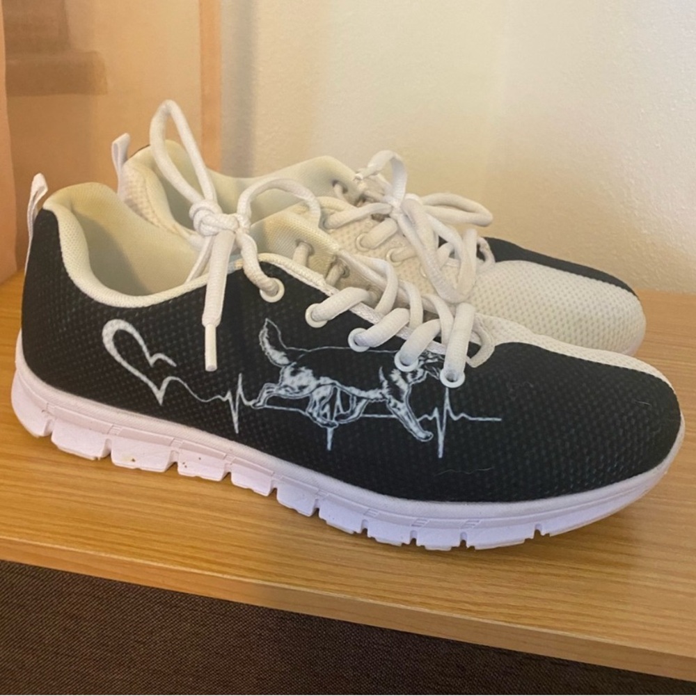 Custom made Black and White Athletic Sneakers with German Shepard Dog Design.